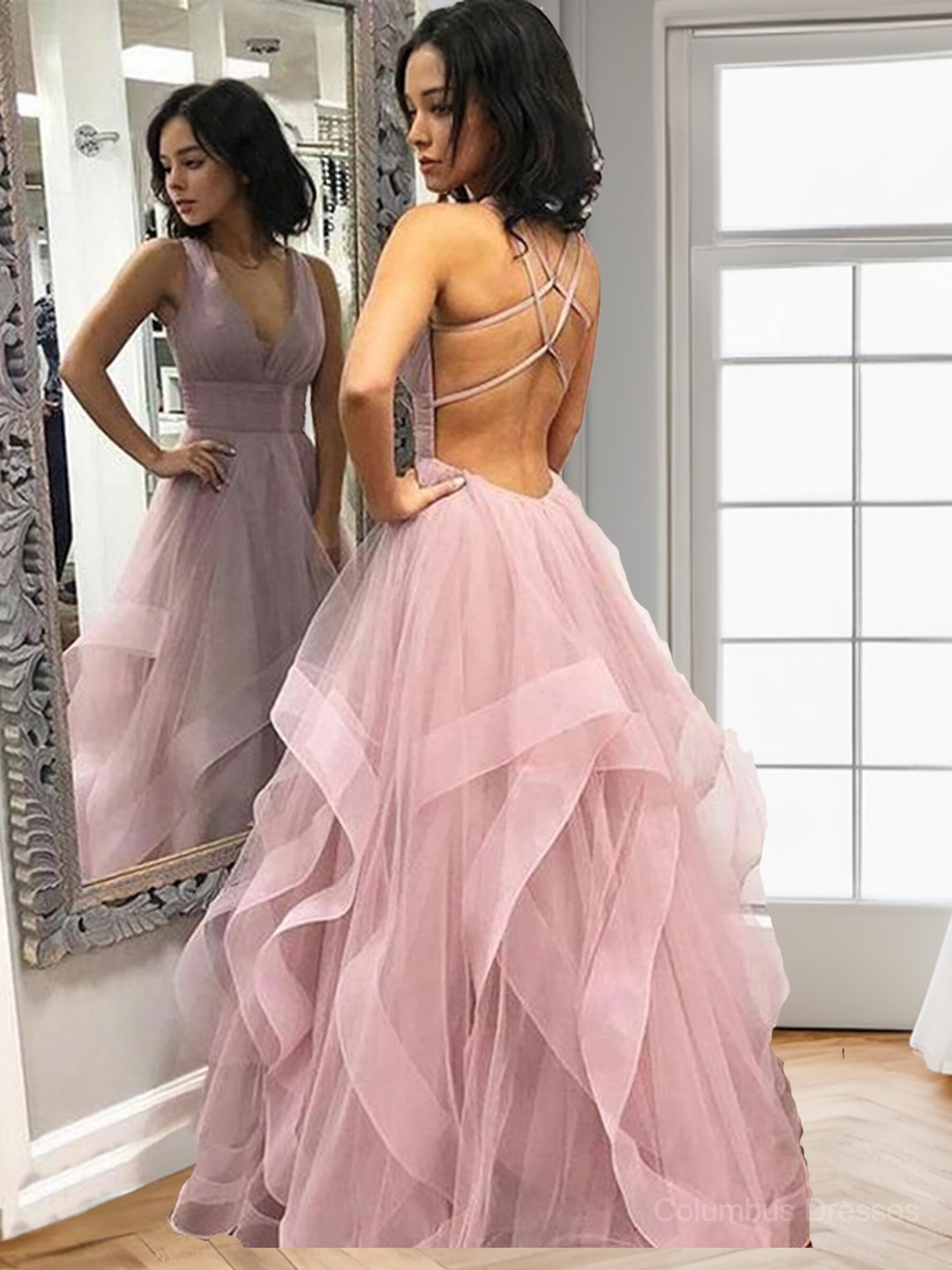 Prom Dresses For 29 Year Olds, A-Line/Princess V-neck Floor-Length Tulle Evening Dresses With Ruffles