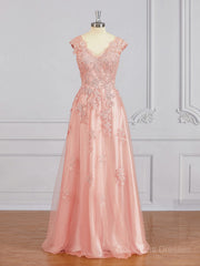 Bridesmaid Dresses Orange, A-Line/Princess V-neck Floor-Length Tulle Mother of the Bride Dresses With Appliques Lace