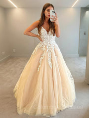 Mafia Dress, A-Line/Princess V-neck Floor-Length Tulle Prom Dresses With Appliques Lace
