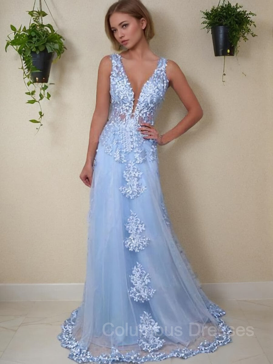 Wedding, A-Line/Princess V-neck Floor-Length Tulle Prom Dresses With Appliques Lace