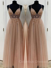 Prom Dress Black, A-Line/Princess V-neck Floor-Length Tulle Prom Dresses With Beading