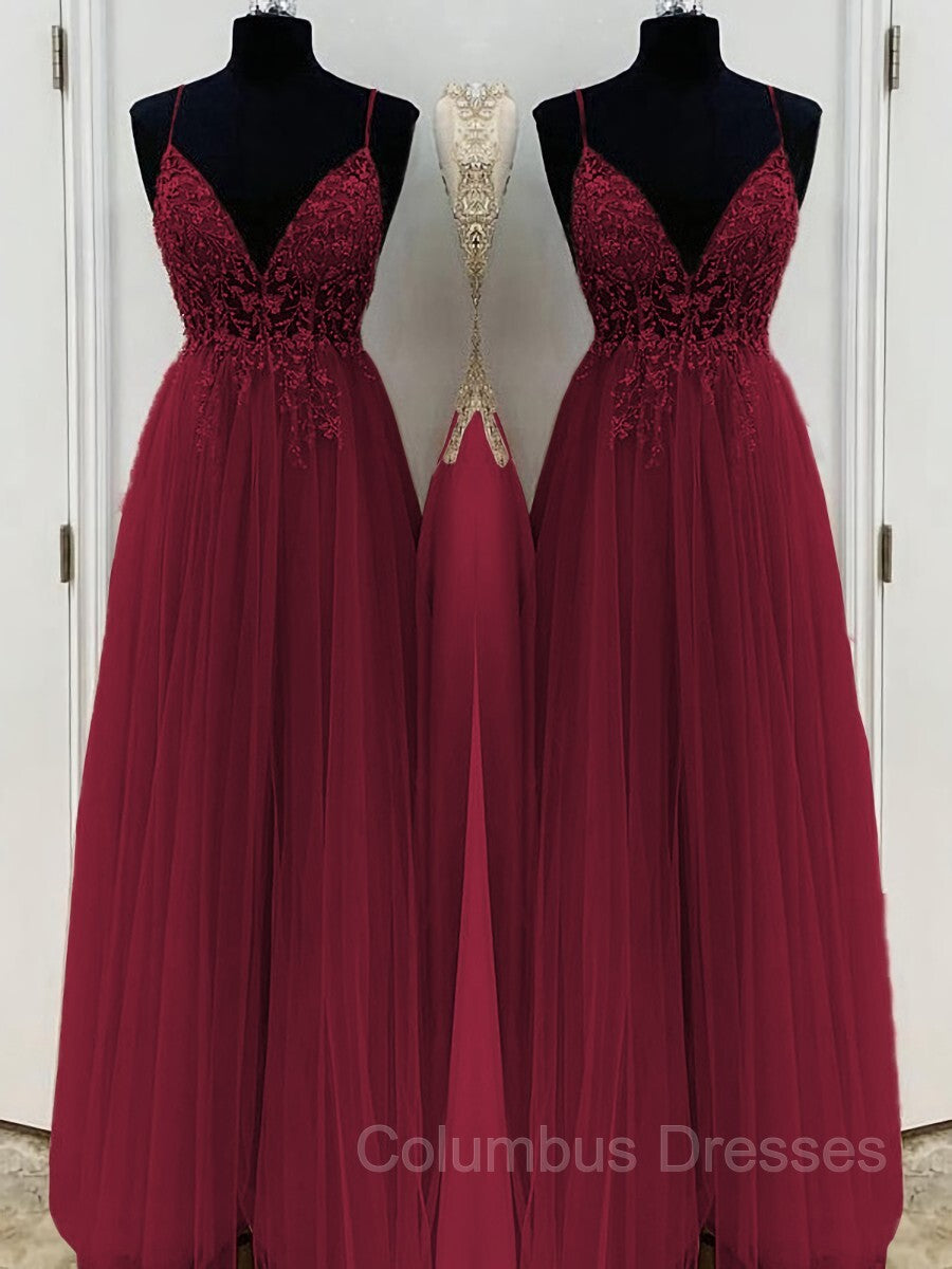 Prom Pictures, A-Line/Princess V-neck Floor-Length Tulle Prom Dresses With Beading