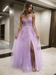 Prom Dresses For Blondes, A-Line/Princess V-neck Floor-Length Tulle Prom Dresses With Leg Slit