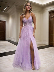 Prom Dresses Boho, A-Line/Princess V-neck Floor-Length Tulle Prom Dresses With Leg Slit