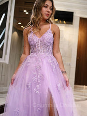 Prom Dresses For Black, A-Line/Princess V-neck Floor-Length Tulle Prom Dresses With Leg Slit