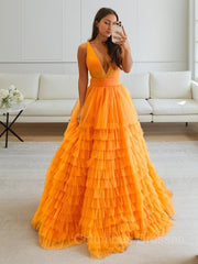Homecoming Dresses Short, A-Line/Princess V-neck Floor-Length Tulle Prom Dresses With Ruffles