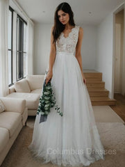Wedding Dress Country, A-Line/Princess V-neck Floor-Length Tulle Wedding Dresses