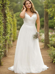 Wedding Dress With Shoes, A-Line/Princess V-neck Floor-Length Tulle Wedding Dresses