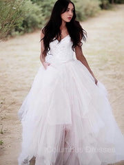 Wedding Dresses For Summer, A-Line/Princess V-neck Floor-Length Tulle Wedding Dresses With Appliques Lace