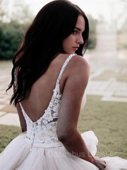 Wedding Dress Romantic, A-Line/Princess V-neck Floor-Length Tulle Wedding Dresses With Appliques Lace