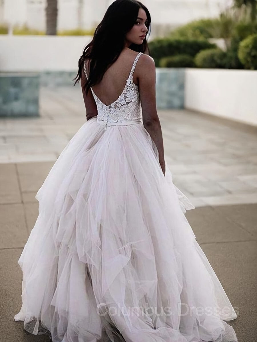 Wedding Dress Under, A-Line/Princess V-neck Floor-Length Tulle Wedding Dresses With Appliques Lace