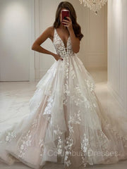 Wedsing Dress Simple, A-Line/Princess V-neck Floor-Length Tulle Wedding Dresses With Appliques Lace
