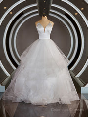 Weddings Dresses Lace Sleeves, A-Line/Princess V-neck Floor-Length Tulle Wedding Dresses with Ruffles