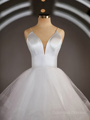 Wedding Dresses Lace Sleeve, A-Line/Princess V-neck Floor-Length Tulle Wedding Dresses with Ruffles