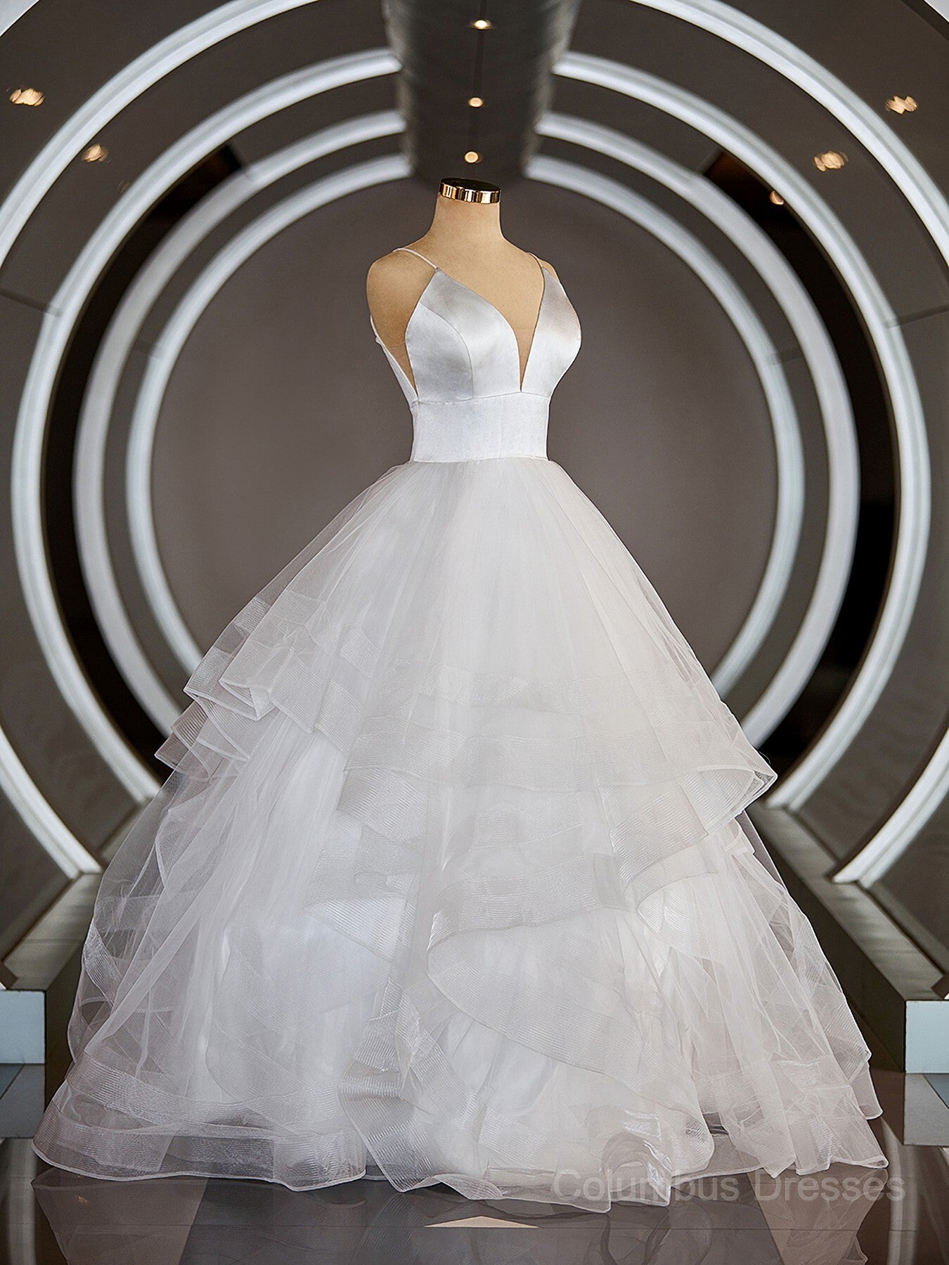 Wedding Dress Fabrics, A-Line/Princess V-neck Floor-Length Tulle Wedding Dresses with Ruffles