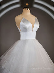 Wedding Dress Fabric, A-Line/Princess V-neck Floor-Length Tulle Wedding Dresses with Ruffles