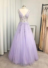 Fancy Dress, A-line/Princess V Neck Long/Floor-Length Tulle Prom Dress With Beading Sequins