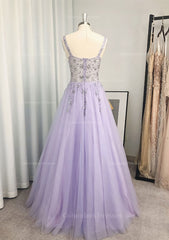 Long Dress, A-line/Princess V Neck Long/Floor-Length Tulle Prom Dress With Beading Sequins