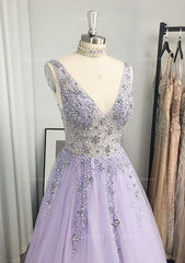 Blue Dress, A-line/Princess V Neck Long/Floor-Length Tulle Prom Dress With Beading Sequins
