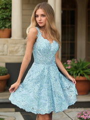 Bridesmaids Dress With Sleeves, A-Line/Princess V-neck Short/Mini Lace Homecoming Dresses