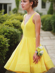 Formal Dress Fashion, A-Line/Princess V-neck Short/Mini Satin Homecoming Dresses With Ruffles