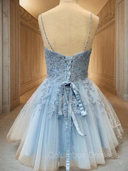 Formal Dress Simple, A-Line/Princess V-neck Short/Mini Tulle Homecoming Dresses With Appliques Lace