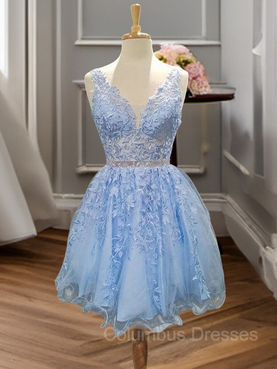 Bridesmaid Dresses Lavender, A-Line/Princess V-neck Short/Mini Tulle Homecoming Dresses With Appliques Lace
