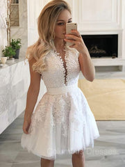 Party Dresses Online, A-Line/Princess V-neck Short/Mini Tulle Homecoming Dresses With Beading