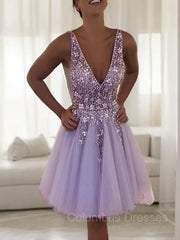 Prom Dresses Ballgown, A-Line/Princess V-neck Short/Mini Tulle Homecoming Dresses With Beading