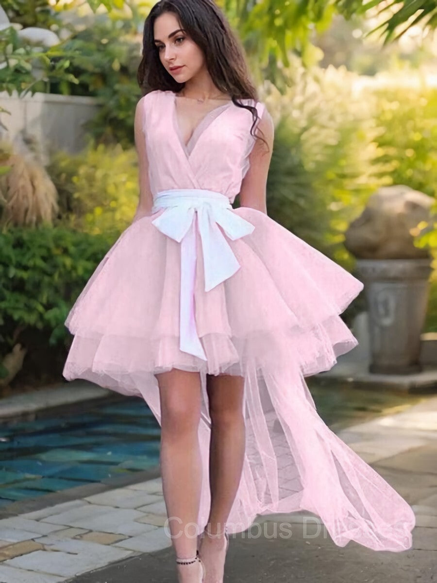 Prom Dresses For Brunettes, A-Line/Princess V-neck Short/Mini Tulle Homecoming Dresses With Belt/Sash