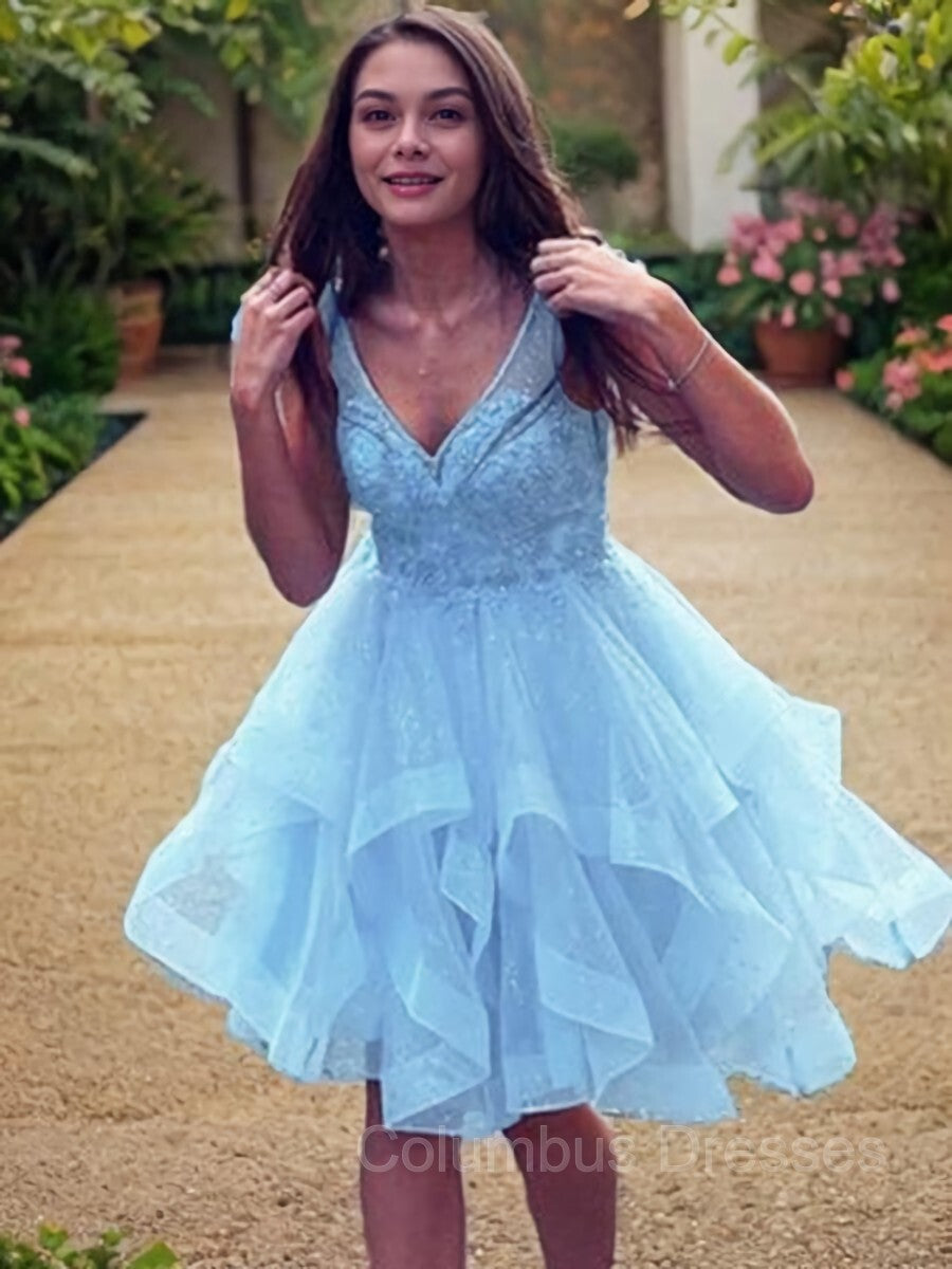Engagement Photo, A-Line/Princess V-neck Short/Mini Tulle Homecoming Dresses With Cascading Ruffles
