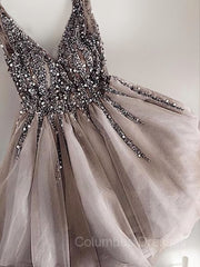 Prom Dress Long With Sleeves, A-Line/Princess V-neck Short/Mini Tulle Homecoming Dresses With Sequin