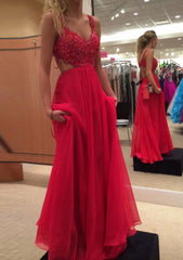 Homecoming Dress Shopping, A-line/Princess V Neck Sleeveless Long/Floor-Length Chiffon Prom Dress With Lace Beading