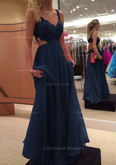 Homecoming Dress Shops, A-line/Princess V Neck Sleeveless Long/Floor-Length Chiffon Prom Dress With Lace Beading