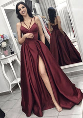 Party Dresses Europe, A-line/Princess V Neck Sleeveless Long/Floor-Length Elastic Satin Evening Dress With Split Pleated