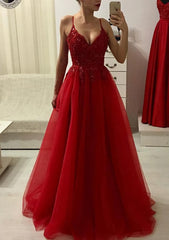 Prom Dresse Long, A-line/Princess V Neck Sleeveless Long/Floor-Length Prom Dress With Appliqued Beading