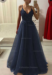 Prom Dressed Long, A-line/Princess V Neck Sleeveless Long/Floor-Length Prom Dress With Appliqued Beading