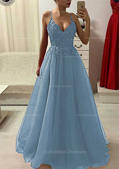 Prom Dresses Shopping, A-line/Princess V Neck Sleeveless Long/Floor-Length Prom Dress With Appliqued Beading