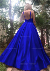Bridesmaid Dress Wedding, A-line/Princess V Neck Sleeveless Long/Floor-Length Satin Prom Dress