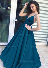 Bridesmaids Dress Inspiration, A-line/Princess V Neck Sleeveless Long/Floor-Length Satin Prom Dress