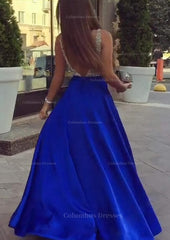 Party Dress Pattern Free, A-line/Princess V Neck Sleeveless Long/Floor-Length Satin Prom Dresses With Sequins