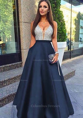 Party Dress Pattern, A-line/Princess V Neck Sleeveless Long/Floor-Length Satin Prom Dresses With Sequins