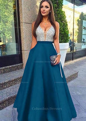 Party Dress Patterns, A-line/Princess V Neck Sleeveless Long/Floor-Length Satin Prom Dresses With Sequins