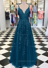 Wedding Bouquet, A-line/Princess V Neck Sleeveless Long/Floor-Length Tulle Prom Dress With Appliqued
