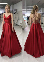 Bridesmaids Dress Burgundy, A-line/Princess V Neck Sleeveless Satin Long/Floor-Length Prom Dress