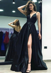Dress Casual, A-line/Princess V Neck Sleeveless Sweep Train Satin Prom Dress With Split