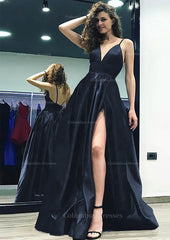 Dressy Outfit, A-line/Princess V Neck Sleeveless Sweep Train Satin Prom Dress With Split