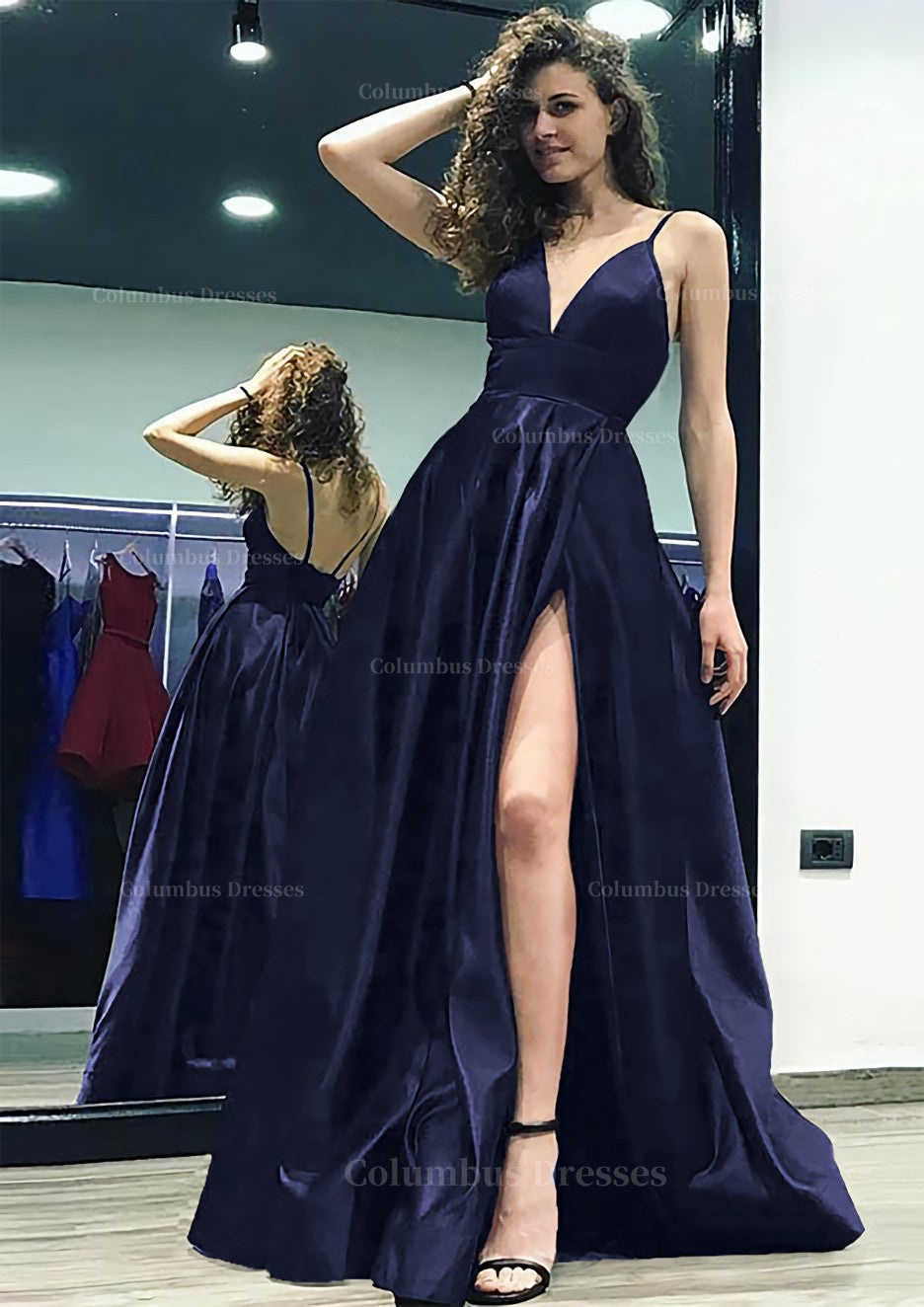 Modest Dress, A-line/Princess V Neck Sleeveless Sweep Train Satin Prom Dress With Split