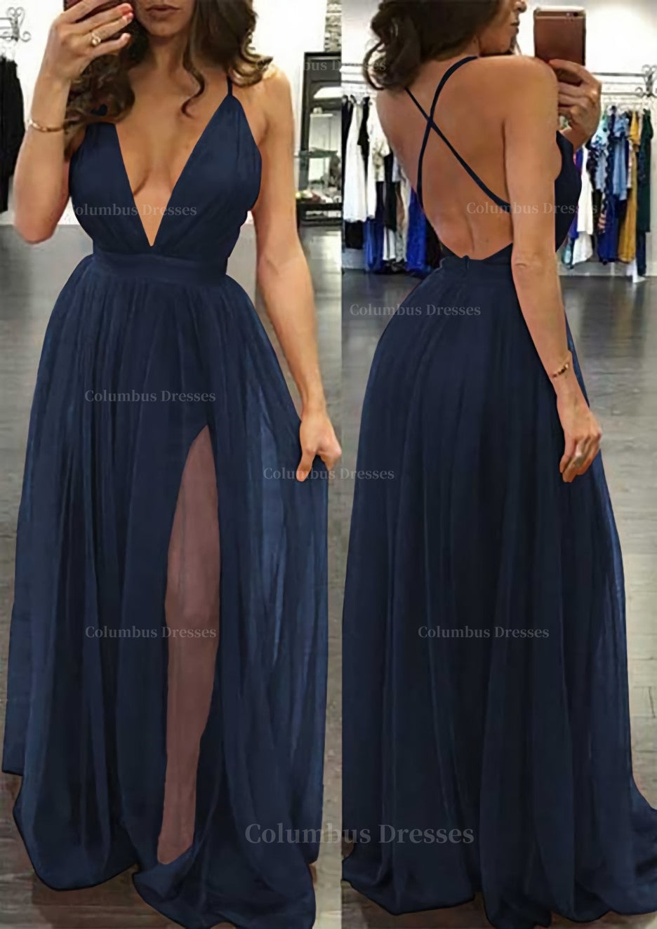 Casual Gown, A-line/Princess V Neck Sleeveless Sweep Train Tulle Prom Dress