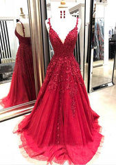 Prom Dress Dresses, A-line/Princess V Neck Sleeveless Sweep Train Tulle Prom Dress With Appliqued